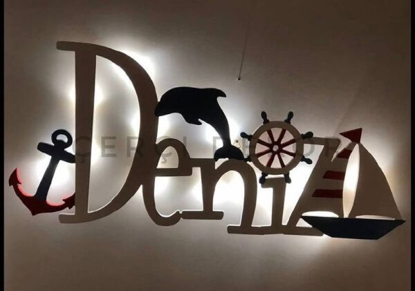 Deniz İsme Özel Işıklı Duvar Panosu - Marin ve Yelkenli Temalı