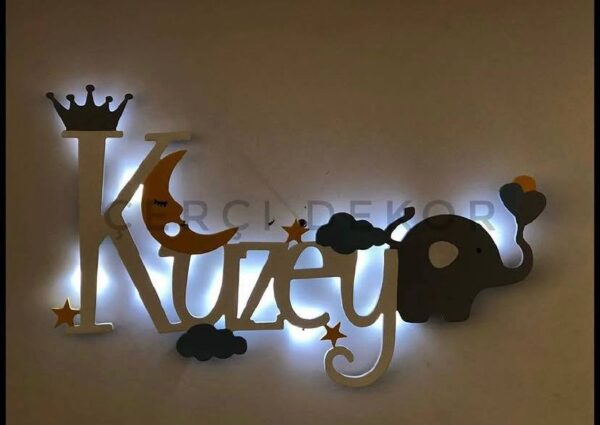 kuzey filli bebek odası ledli isim Kuzey İsme Özel Işıklı Duvar Panosu - Kral Tacı, Fil ve Gökyüzü Temalı