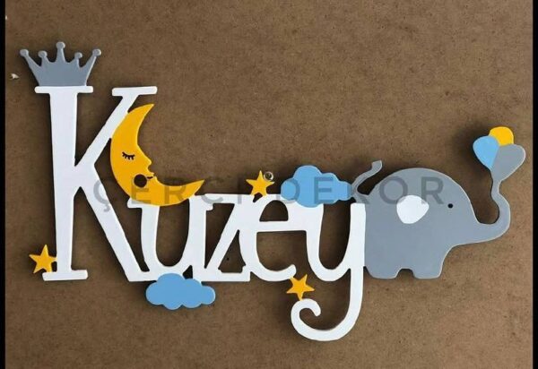 kuzey filli çocuk odası ahşap isim Kuzey İsme Özel Işıklı Duvar Panosu - Kral Tacı, Fil ve Gökyüzü Temalı