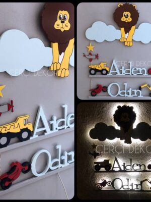 Aiden & Odin İsme Özel Işıklı Duvar Panosu - Aslan ve Taşıtlar Temalı