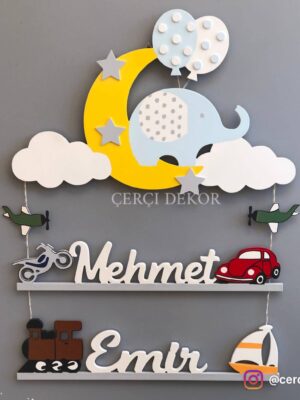 Mehmet Emir İsme Özel Işıklı Duvar Panosu - Araba Motor ve Aydede Konseptli