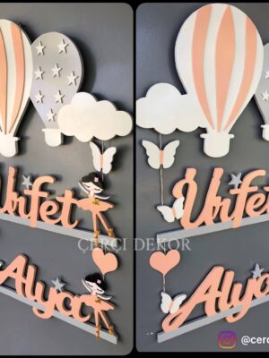 Urfet & Alya İsme Özel Çift Katlı Işıklı Pano - Balerin ve Uçan Balon Temalı