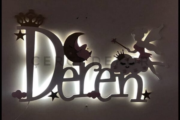 Peri ve Ay Dede Temalı Kişiye Özel Led Işıklı Ahşap Bebek Odası İsimliği