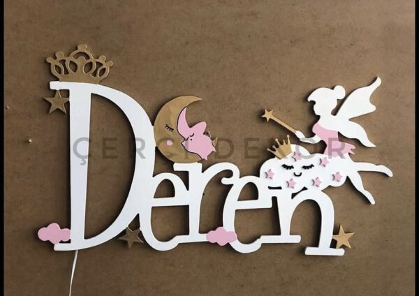 Peri ve Ay Dede Temalı Kişiye Özel Led Işıklı Ahşap Bebek Odası İsimliği