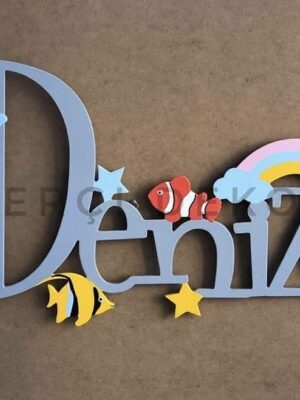Deniz ve Akvaryum Temalı Kişiye Özel Led Işıklı Ahşap Bebek Odası İsimliği