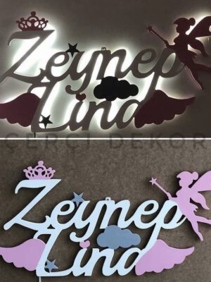 Peri Masalı ve Melek Kanadı Temalı Kişiye Özel Led Işıklı Ahşap İsimlik