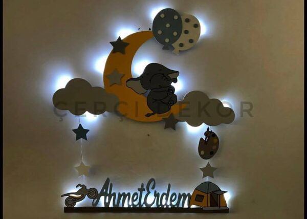 Filli, Balonlu ve Kamp Temalı Kişiye Özel Ahşap Bebek Odası İsimliği