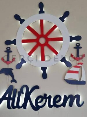 Ali Kerem Modeli Denizci Temalı Gemici Dümeni Led Işıklı Bebek Odası Duvar Süsü