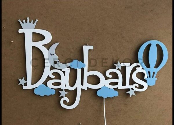 Bulut ve Uçan Balon Konseptli Kişiye Özel Led Işıklı Ahşap Bebek Odası İsimliği