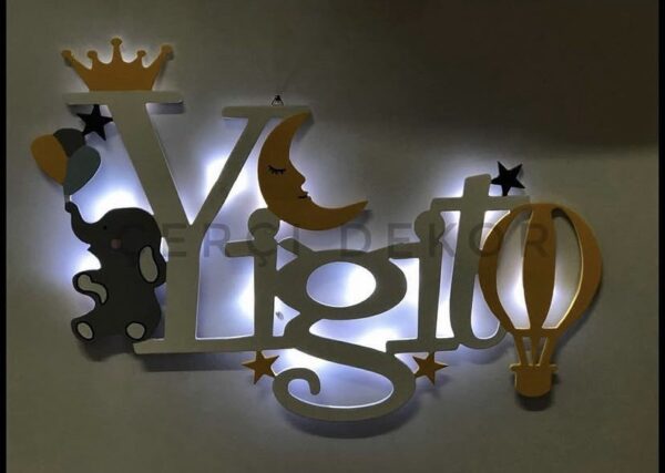 Filli ve Ay Dede Temalı Kişiye Özel Led Işıklı Ahşap Bebek Odası İsimliği