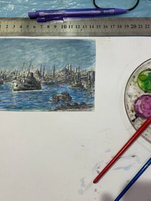 istanbul vapuru boğaz manzaralı tablo el yapımı Orijinal el yapımı istanbul şehir hatları vapuru ve boğaz manzaralı sulu boya tablo