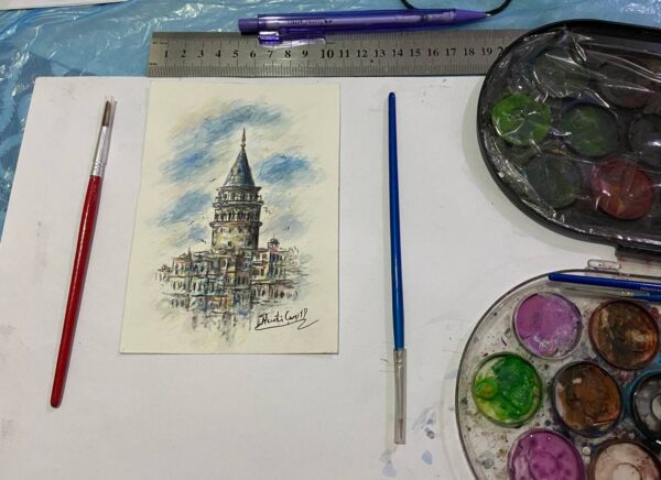 Galata Kulesi Modeli - Orijinal El Yapımı Sulu Boya Tablo