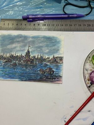 üsküdar kız kulesi manzara resmi el yapımı orjinal tablo Kız Kulesi ve Tarihi Siluet Modeli - Orijinal El Yapımı Sulu Boya Tablo